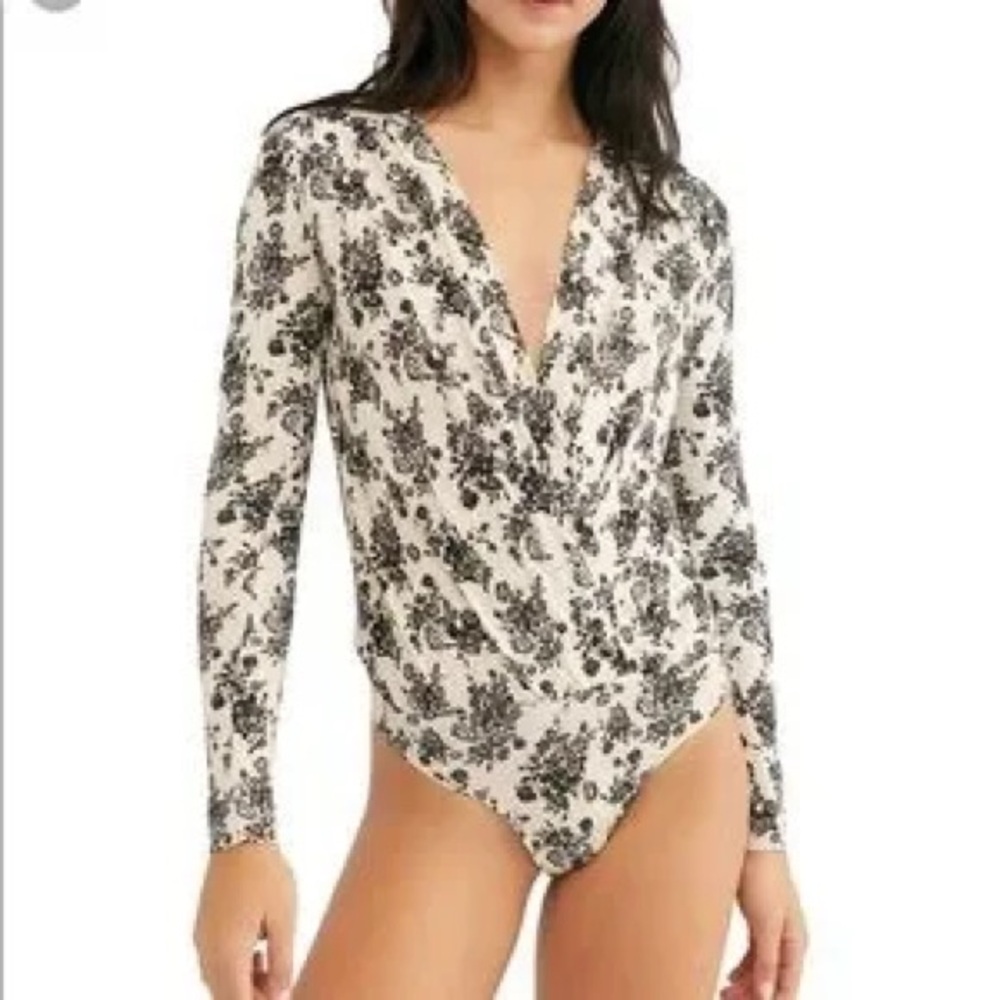 Free People Cream and Black Floral Wrap Bodysuit